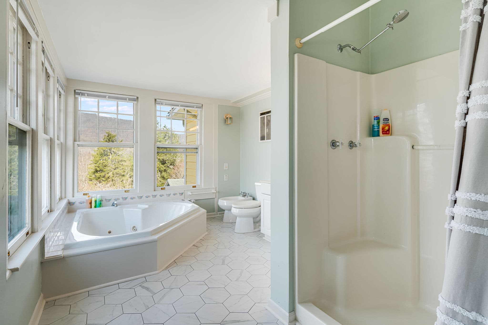 large whirlpool tub, bidet, 5 large windows, toilet, white tiled floor, large shower with linen shower curtain
