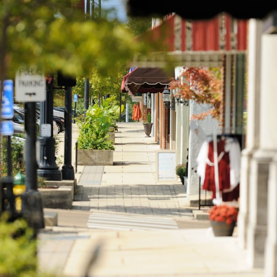 A quiet street lined with shops and planters, showcasing a sunny day.