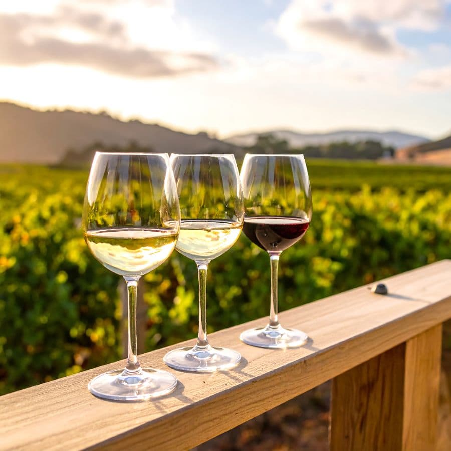 Three wine glasses filled with white, rosé, and red wine, set against a vineyard backdrop at sunset.