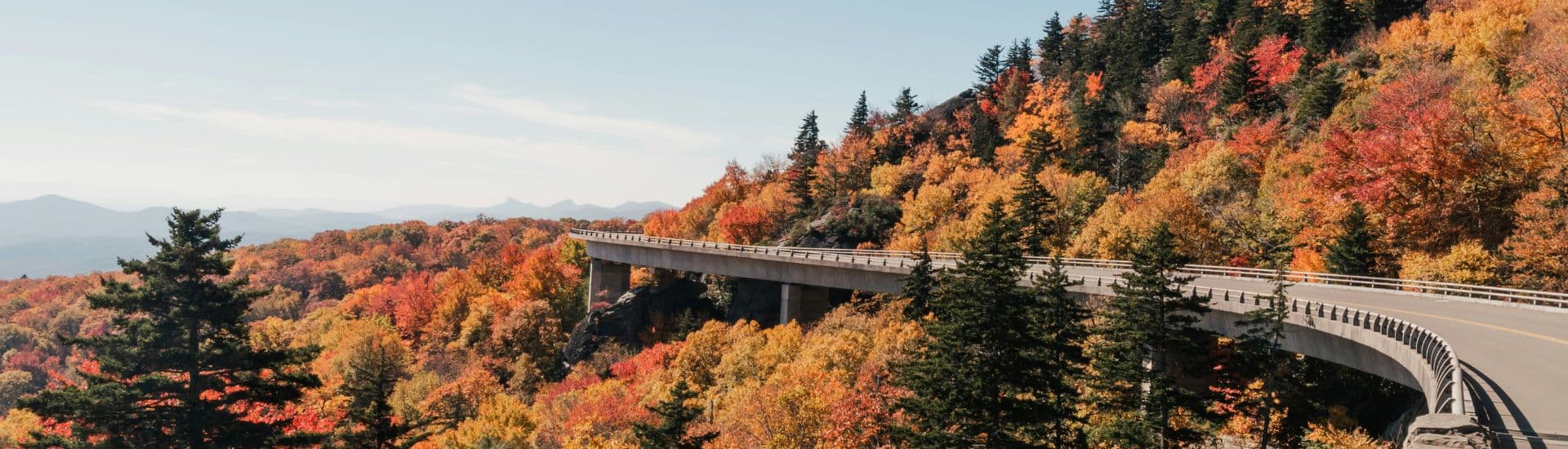 Scenic highway curves through vibrant autumn foliage.