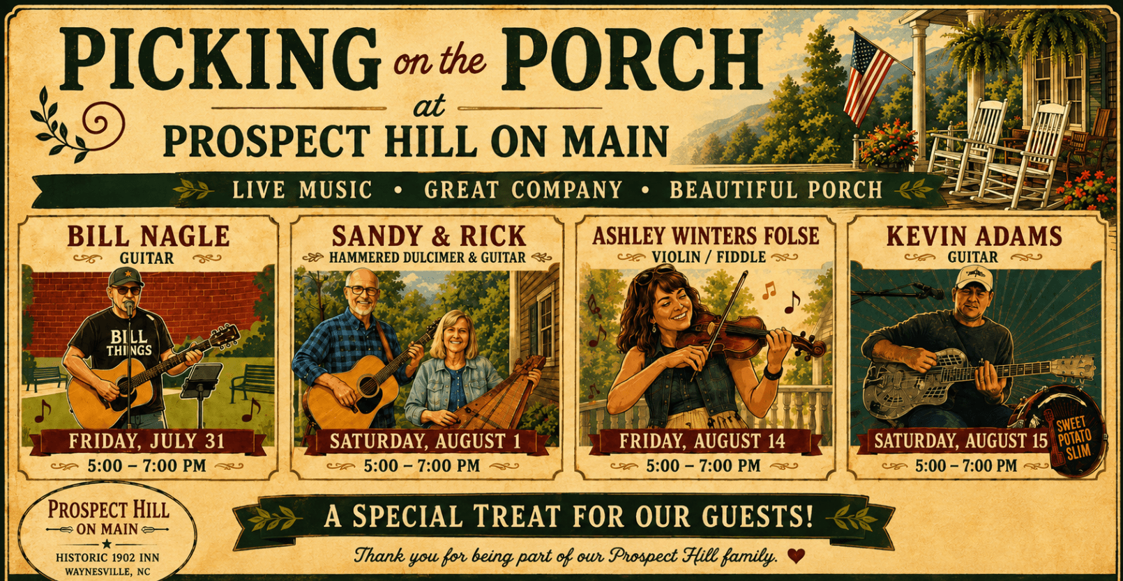 A promotional banner for "Picking on the Porch" at Prospect Hill on Main, featuring dates and performances by local musicians Bill Nagle, Sandy & Rick, Ashley Winters Folse, and Kevin Adams.